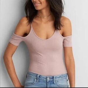 American Eagle Outfitters Pink Cold Shoulder Bodysuit soft and sexy ribbed mauve